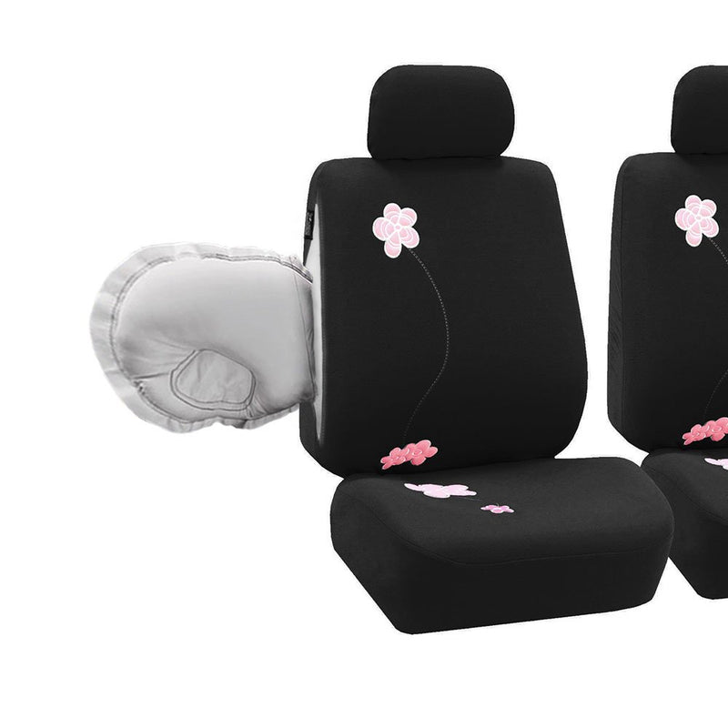  [AUSTRALIA] - FH Group FB053BLACK102 Seat Cover (Flower Embroidery Airbag Compatible (Set of 2) Black) Black Half Set