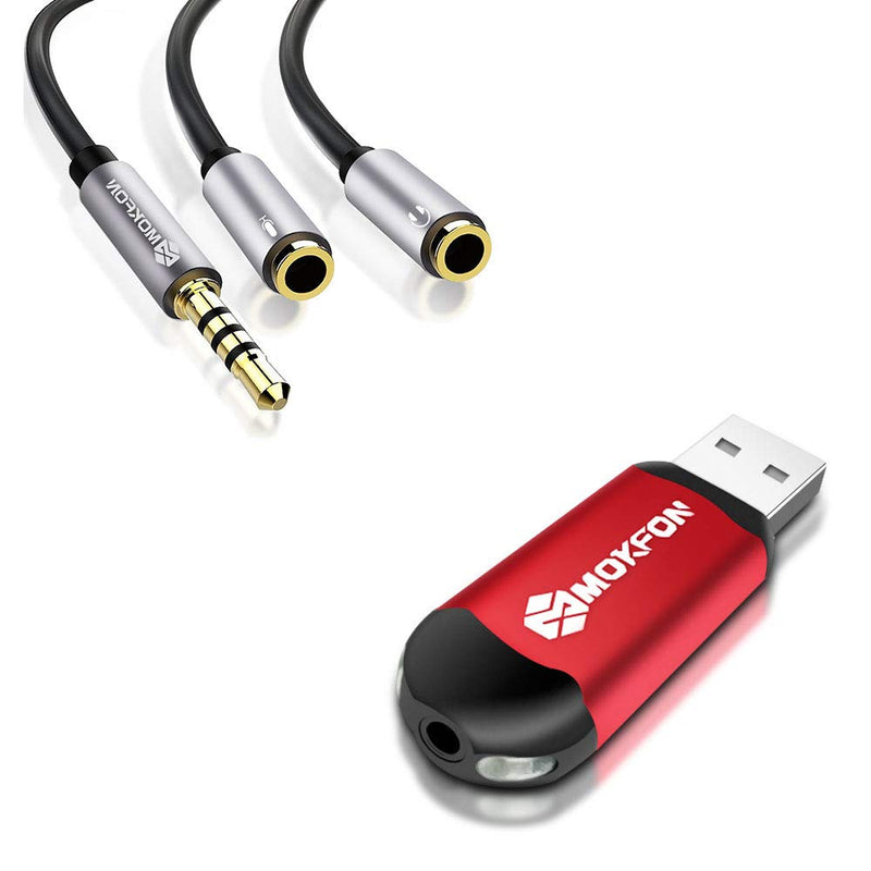  [AUSTRALIA] - MOKFON Mic with trrs Splitter Adapter Headset Cable and USB External Sound Card with mic and Audio for Windows,Mac,Linux,etc.Plug and Play for PS4,Switch,Tablet, PC,Phone and More(Black and Red) combination