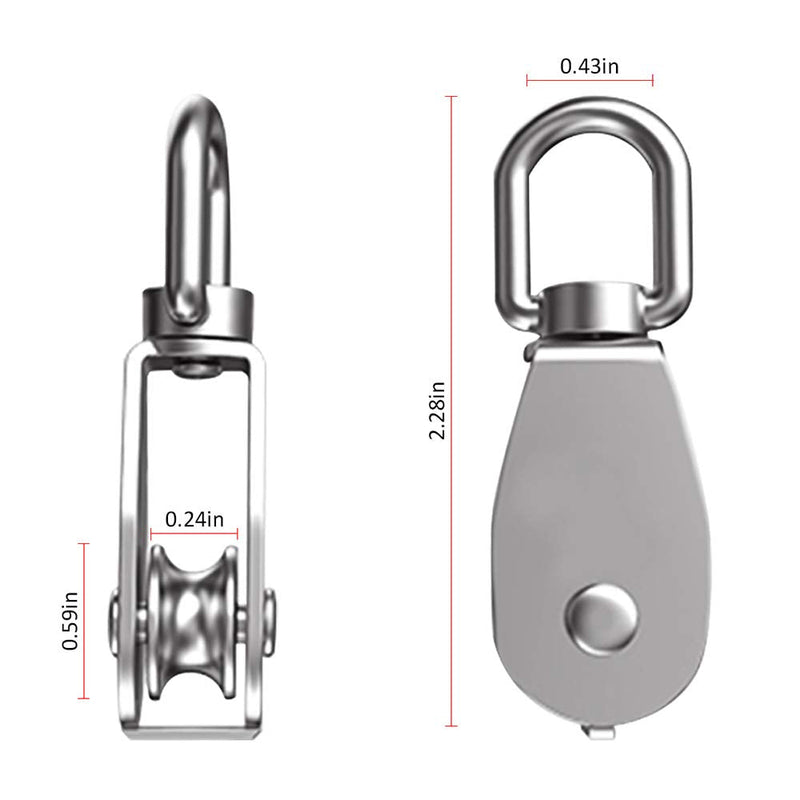  [AUSTRALIA] - Dorhea 6 Pack 0.59" Single Pulley Block 304 Stainless Steel M15 Crane Swivel Hook Single Pulley Roller Smooth Wire Rope Cable Heavy Loading 0.59 inch