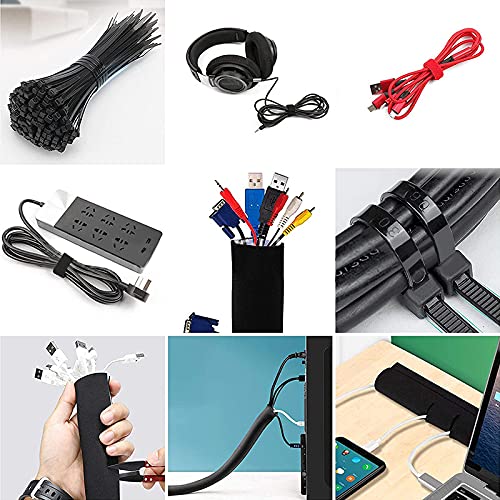  [AUSTRALIA] - 126 pcs Cord Management Organizer Kit 4 Cable Sleeve split with 10pcs Self Adhesive Cable Clips Holder, 10pcs and 2 Roll Self Adhesive tie and 100 Fastening Cable Ties for TV Office Home Electronics Black