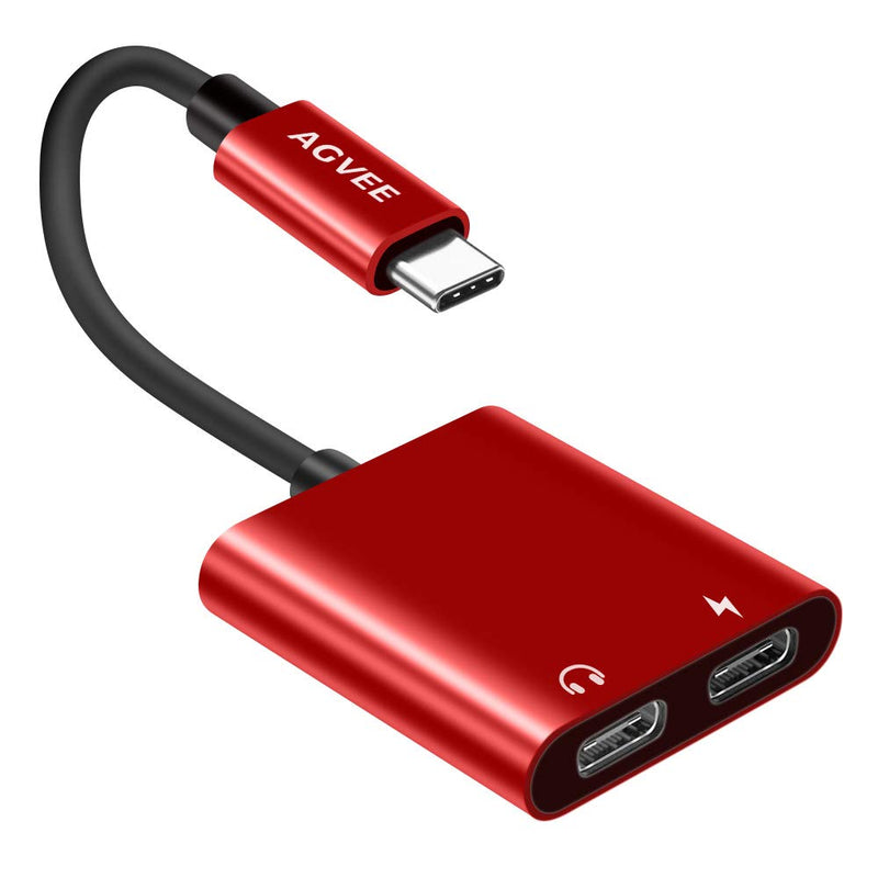  [AUSTRALIA] - AGVEE Dual USB-C Headphone & Charging Adapter, Type-C Earbud Splitter, Duo USBC Audio & Charger Jack Earphone Dongle for Samsung S21 S20 FE 5G Ultra, Note 20 10, iPad Pro, Pixel 2 3 4 5 XL, Red