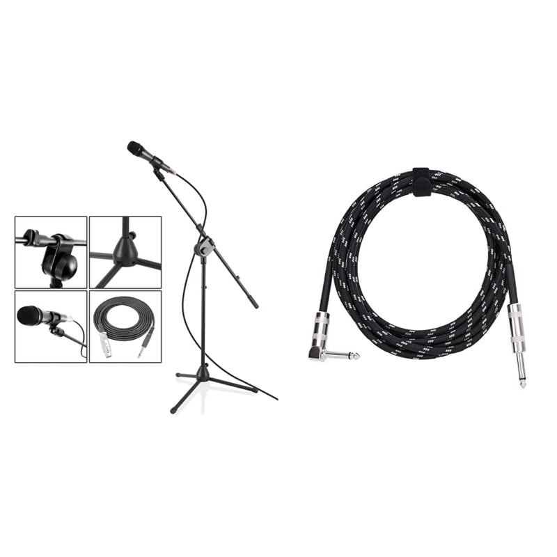  [AUSTRALIA] - PYLE Dynamic Microphone and Tripod Stand Arm Mic Length 7.48'' Inch & Amazon Basics 1/4 Inch Tweed Cloth Jacket Right-Angle Instrument Cable - 10 Foot (Black & Gray)