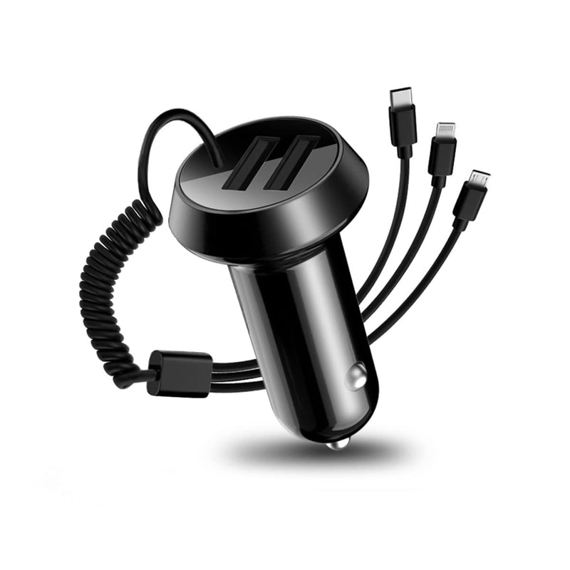  [AUSTRALIA] - Quick Charge Car Charger, Dual Ports Car Charger Adapter with Stretchable Cable and 3 in 1 Fast Charging Cord for iPhone 13/Pro Max/Pro, 12/11, Samsung Galaxy, iPad, Camera for Most Cars (Black) Black