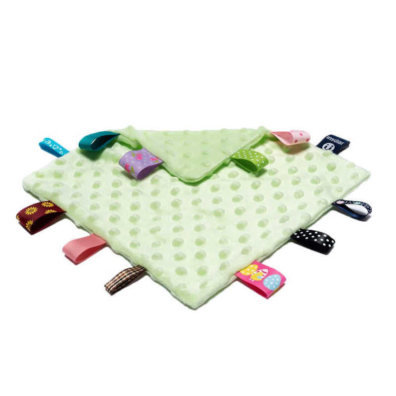  [AUSTRALIA] - Green Baby Security Blanket with Colorful Satin Tags, Infant Appease Blankets Toy, Sleep Helper - 10 x 10 inches Square Blanket for 0+ Months Babies Boys/Girls Green