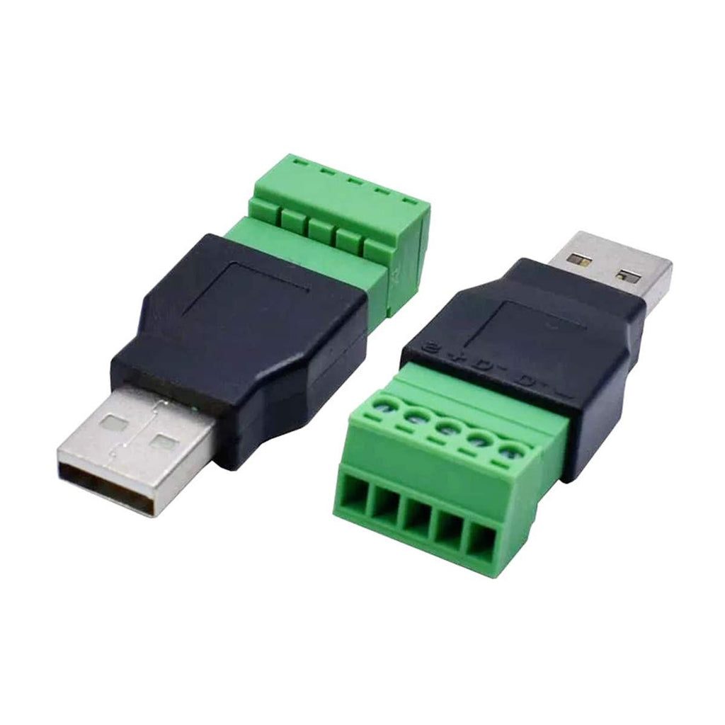  [AUSTRALIA] - FainWan 2Pack USB 2.0 A Screw Terminal Block Connector USB 2.0 A Male Plug to 5 Pin/Way Female Bolt Screw Shield terminals Pluggable Type Adapter Connector Converter 300V 8A(Male)