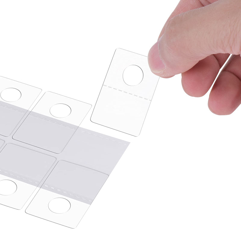  [AUSTRALIA] - Canomo 300 Pieces 1 1/2 x 1 inch Round Hole Plastic Clear Adhesive Custom Display Hang Tabs Hooks Folding Display Tags for Store Retail Display