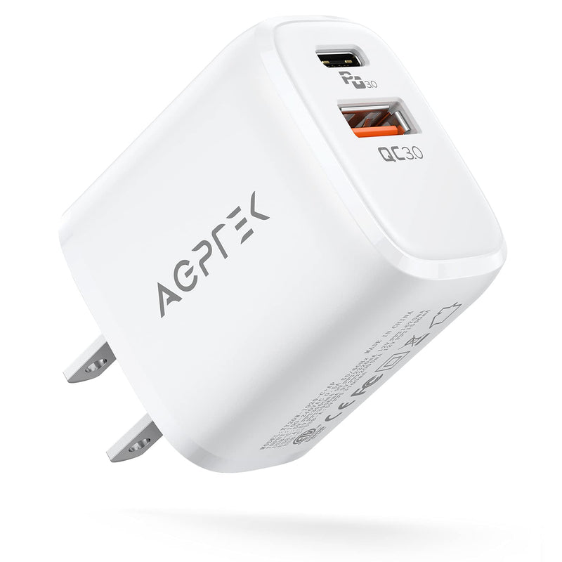  [AUSTRALIA] - USB C Wall Charger 20W, AGPTEK Dual Port PD Power Delivery + Quick Charge 3.0 Fast Charger Block Plug for iPhone 12/11 /Pro Max, XS/XR/X, 8/7/6, iPad Pro, AirPods Pro, Samsung Galaxy, Pixel (White)