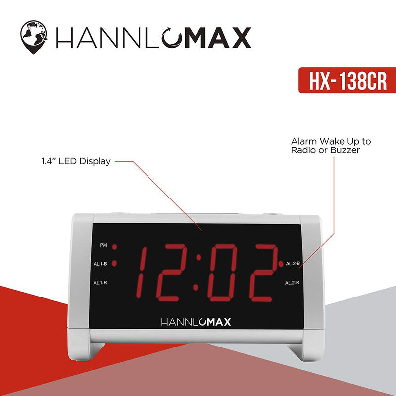 HANNLOMAX HX-138CR Alarm Clock Radio, PLL AM/FM Radio with Preset Radio, 1.4" Red LED Display, Dual Alarm (Silver) - LeoForward Australia