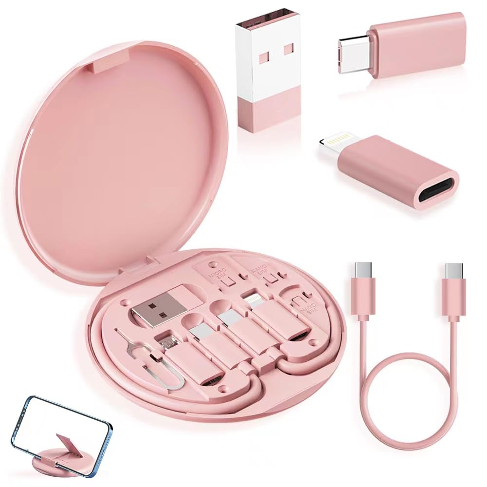  [AUSTRALIA] - YANZIE USB Adapter, Micro USB Charging Cable with USB C Lightning Adapter, Lightning to USB C Adapter, Multi Charging Cable Storage Box Contains SIM Card Holder Pink