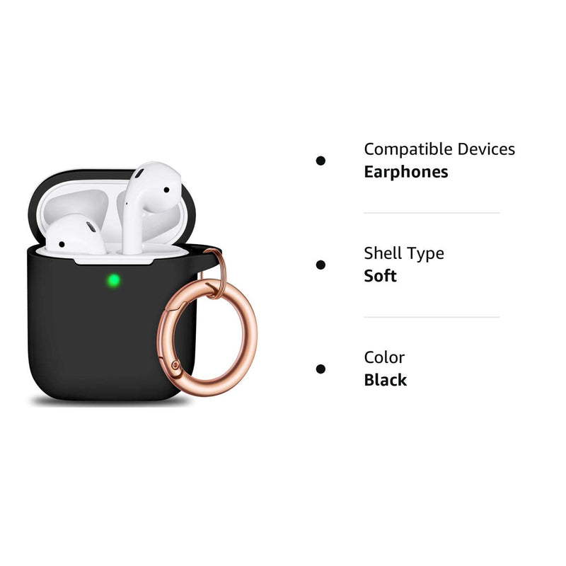  [AUSTRALIA] - R-fun AirPods Case Cover with Rosegold Keychain, Silicone Protective Skin Cover for Women Girl with Apple AirPods Series 2 & Series 1 Charging Case,Front LED Visible-Black Black
