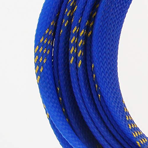  [AUSTRALIA] - Bettomshin 1Pcs Cable Management Sleeve, 5x18mm/0.2x0.71(LxW) 16.4Ft PET Blue-Gold Cord Protector, Wire Loom Tube Insulated Split Sleeving for USB Cable Power Cord Organizer Video Cable Hider
