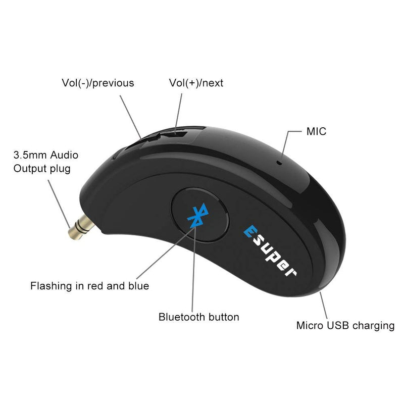 Bluetooth Receiver/Hands-Free Car Kit, Esuper Portable 3.5mm Bluetooth Aux Adapter Wireless Music Streaming for Home, Car Audio System, Headphone, Speaker(Bluetooth 4.2,A2DP,40feet Bluetooth Range) - LeoForward Australia