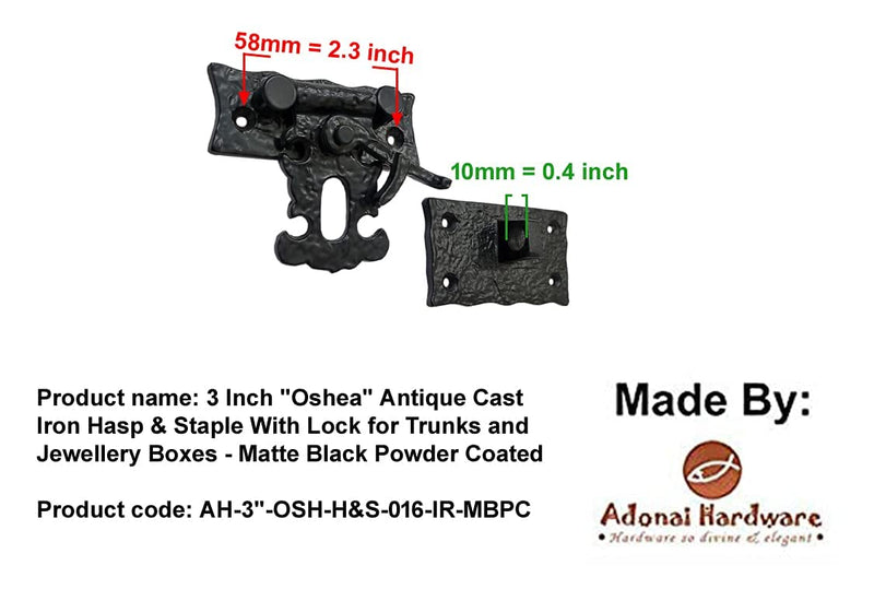  [AUSTRALIA] - Adonai Hardware 3 Inch"Oshea" Antique Cast Iron Hasp & Staple with Lock for Trunks and Jewellery Boxes - Matte Black Powder Coated, Antique Hardware, Cabinet Hardware 1