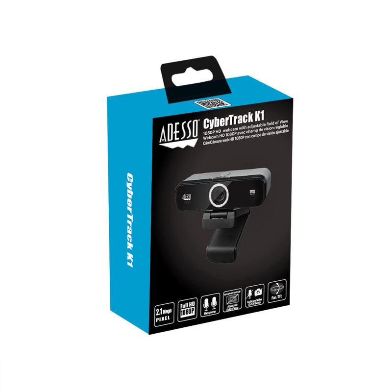  [AUSTRALIA] - Adesso CyberTrack K1 1080P Full HD Fixed Focus USB Webcam with Adjustable View Angle Built-in Dual Microphones, Privacy Shutter, Audio/Video Mode Privacy ON/Off Switch & Tripod Mount