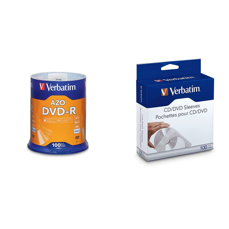  [AUSTRALIA] - Verbatim DVD-R Blank Discs AZO Dye 4.7GB 16X Recordable Disc - 100 Pack Spindle Frustration Free Packaging & CD/DVD Paper Sleeves-with Clear Window 100pk Media Disc + Paper Sleeves