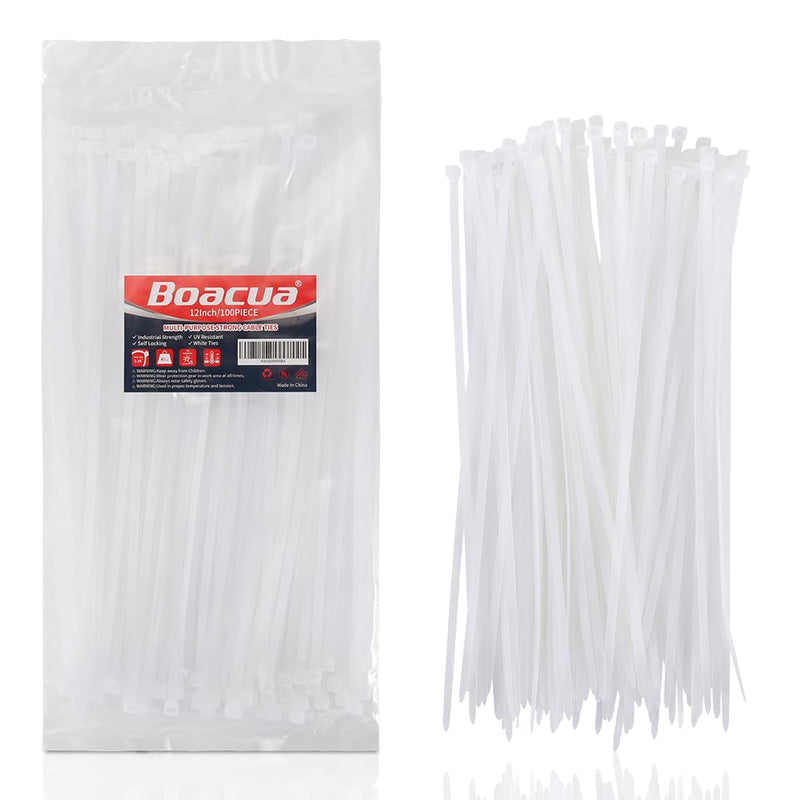  [AUSTRALIA] - 12 Inch Zip Cable Ties (100 Pieces), Self-Locking Premium Nylon Cable Wire Ties,Heavy Duty White, for Indoor and Outdoor by Boacua 12" (100 Pieces)