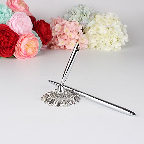 Chris.W Signing Pen with Hollow out Holder Stand for Wedding Bridal Party, Silver - LeoForward Australia