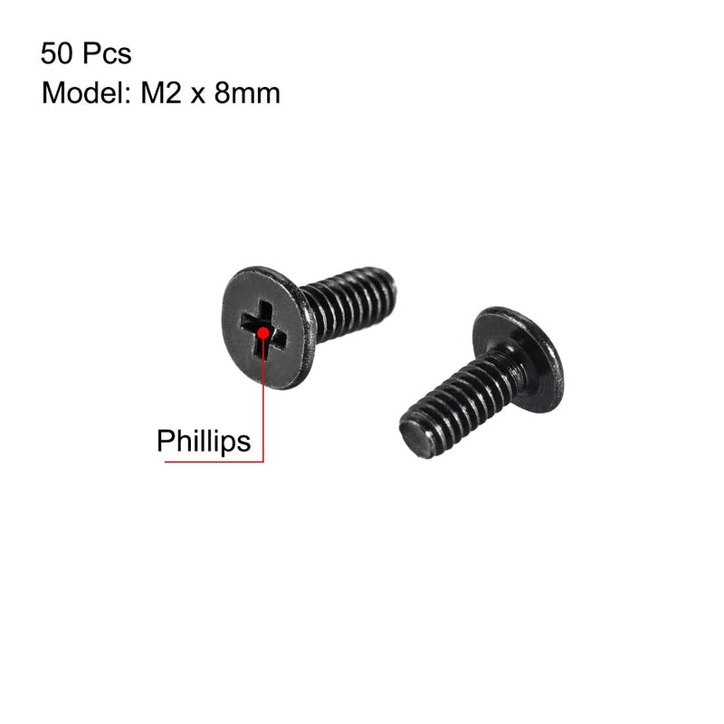  [AUSTRALIA] - uxcell M2x8mm Phillips Screw Fastener Black 3.8mm Dia Screw Head for Laptop PC TV Fan Switch 50pcs