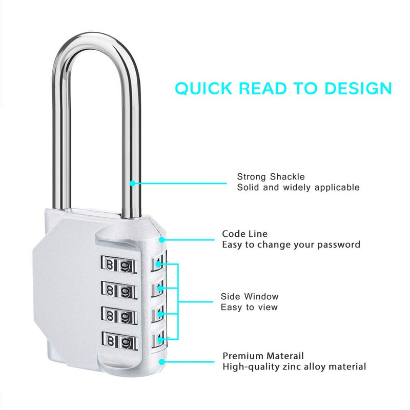  [AUSTRALIA] - ZHEGE Long Shackle Padlock 2 Pack, 4 Digit Combination Lock, Resettable Weatherproof Combo Lock for School, Gym, Employee Locker, Outdoor, Fence SliverL2