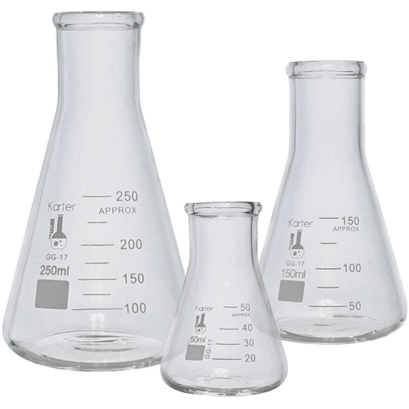 Glass Erlenmeyer Flask Set - 3 Sizes - 50, 150 and 250ml, Karter Scientific 50/150/250ML - LeoForward Australia