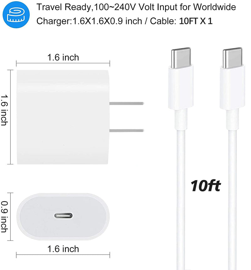  [AUSTRALIA] - iPad Pro Charger [Apple Mfi Certified] 20W USB C Charger with 10ft USB C to C Charging Cable for iPad Pro 12.9, iPad Pro 11 inch 2022/2021/2020/2018, iPad Air 5th/4th Generation, iPad 10, iPad Mini 6 White