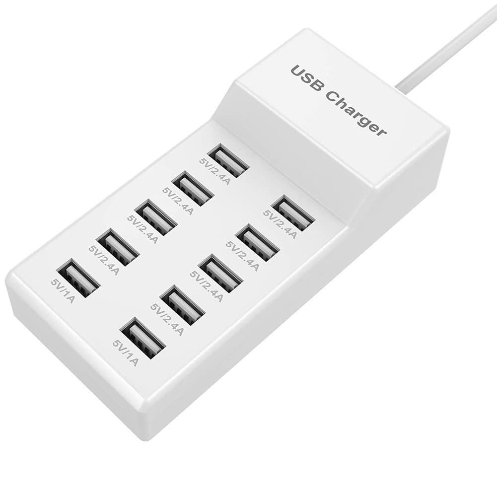  [AUSTRALIA] - 10-Port USB Wall Charger Station with Rapid Charging Auto Detect Technology Safety Guaranteed Family-Sized USB Ports for Multiple Devices Smart Phone Tablet Laptop Computer White