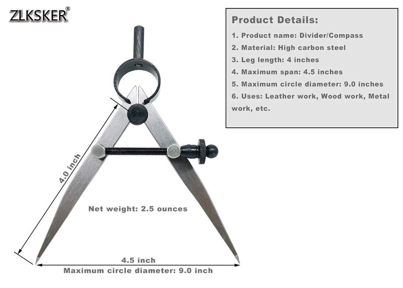 ZLKSKER 4 Inch Professional Leather Compass, Precision Spring Wing Divider/Scriber, Metal Compass for Woodworking, Metalworking - LeoForward Australia