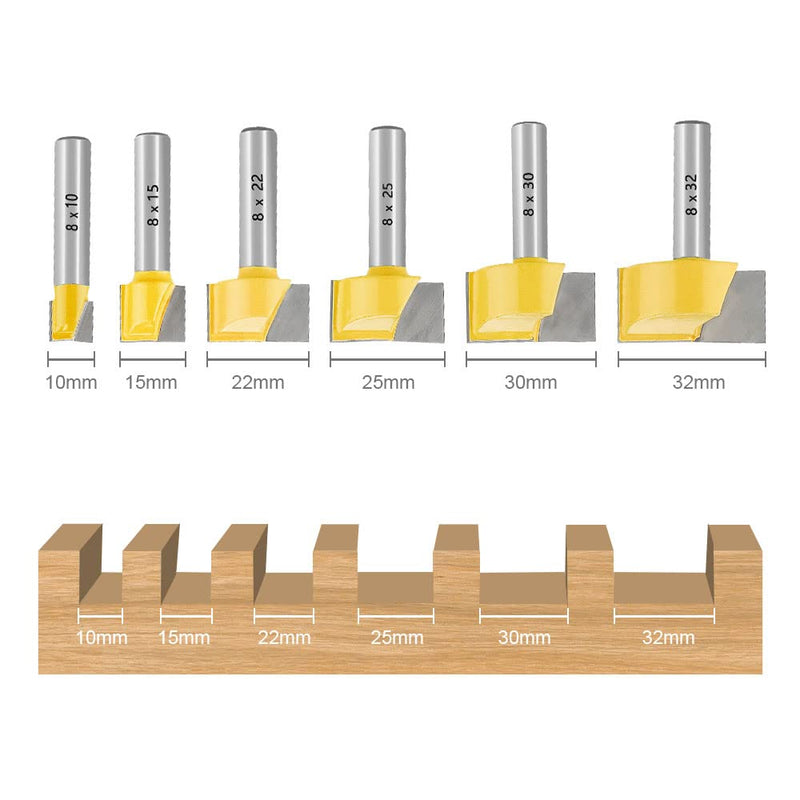  [AUSTRALIA] - Groove cutter HM set 6 pieces. Diameter 8 mm shaft floor cleaning cutter 10/15/22/25/30/32 mm slot cutter wood cutter face cutter carbide basic cutting edge