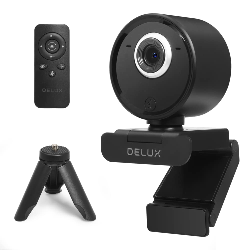  [AUSTRALIA] - DELUX 1080P HD Webcam with Remote Control, AI Auto Tracking Computer Camera with Built-in Dual Microphone, Plug and Play for Zoom, YouTube, Skype, Video Conferencing, Streaming(DC07-Black) Black