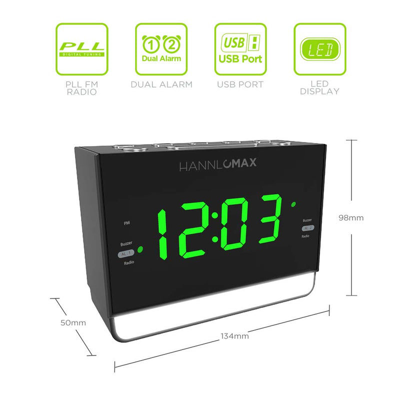 HANNLOMAX HX-128CR Alarm Clock Radio, PLL FM Radio, 1.2 inches Green LED Display, Dual Alarm, 6 Levels Night Light, USB Port for 1A Charging, AC/DC Adaptor Included - LeoForward Australia