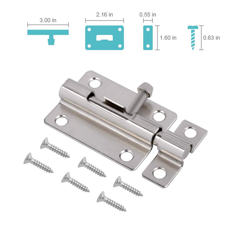  [AUSTRALIA] - Door Security Slide Latch Lock, 3 inch Barrel Bolt with Solid Heavy Duty Steel to Keep You Safe and Private, Brushed Nickle Finish Door Latch Sliding Lock with 12 Screws (Silver- 2 Pack) Silver- 2 Pack