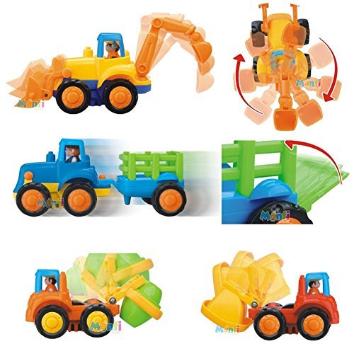Set of 4 Cartoon Friction Powered Push & Play Vehicles for Toddlers - Dump Truck, Cement Mixer, Bulldozer, Tractor - LeoForward Australia