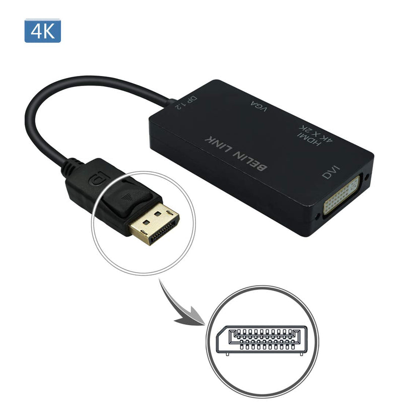  [AUSTRALIA] - DP to HDMI VGA DVI Adapter Displayport to HDMI 4K Adapter 3 in 1 Display Port to HDMI VGA DVI Converter Male to Female Gold-Plated (Diamond Shaped)… (Rectangle Black) Rectangle black