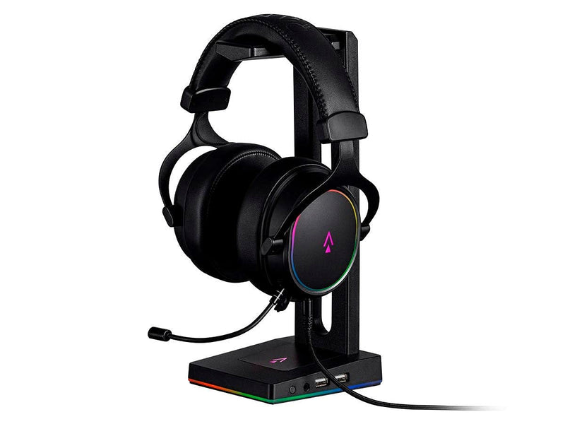  [AUSTRALIA] - Monoprice Headset Stand - 2-Port USB Hub, 3.5mm Audio Jack, RGB Lighting, Headphone Holder for Gamers Gaming PC Accessories Desk - Dark Matter Series