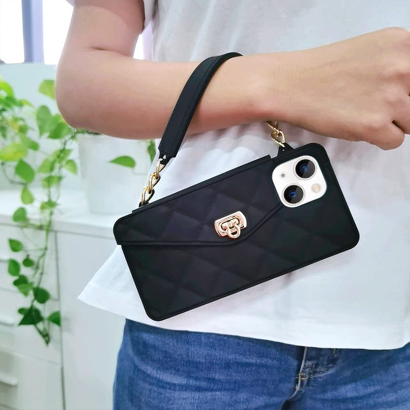  [AUSTRALIA] - Omio for iPhone 13 Handbag Case with Flip Card Holder Wrist Lanyard Strap Soft Silicone Cover for iPhone 13 Wallet Case for Women Luxury Stylish Long Pearl Crossbody Chain Case Black