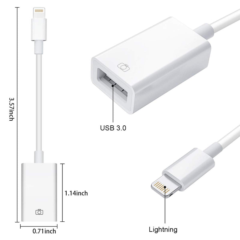  [AUSTRALIA] - Lightning to USB Camera Adapter Lightning Female USB OTG Cable Adapter for Select iPhone,iPad Models Support Connect Camera, Card Reader, USB Flash Drive, MIDI Keyboard, White (White)