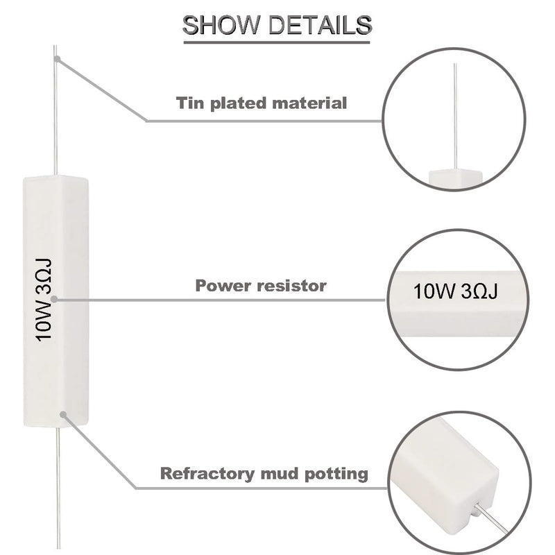  [AUSTRALIA] - Youmile 20pcs Ceramic Cement Resistor 10W 3 Ohm Resistor Power Resistor Resistor 5% Ceramic Wire Resistors Shockproof and Heat Resistant Axial Line Resistor White 10W 3 Ohm