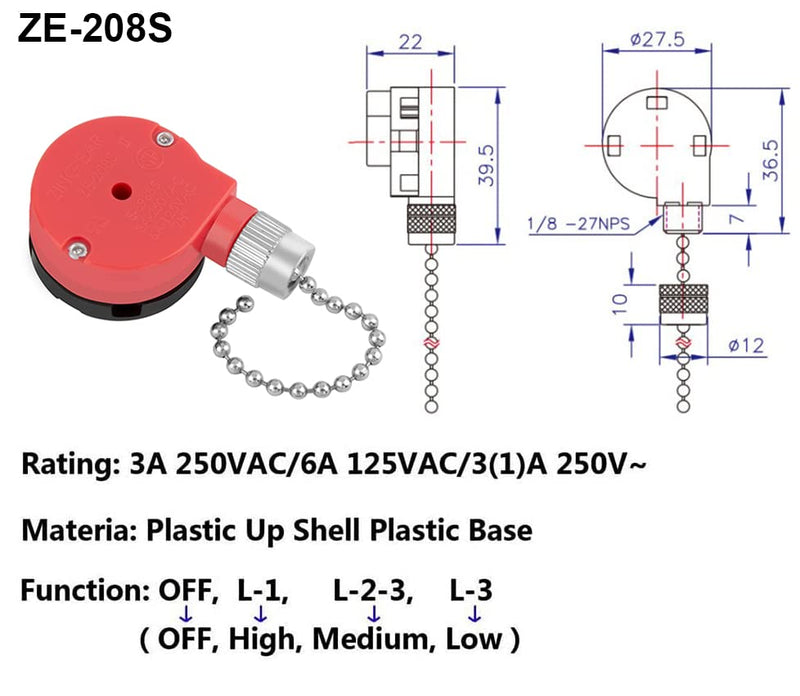  [AUSTRALIA] - ZE-208s Ceiling Fan Switch, 3 Speed 4 Wire E89885 Pull Chain Switch Appliances Speed Control Ceiling Fan Replacement Part (Nickel Chain) Nickel