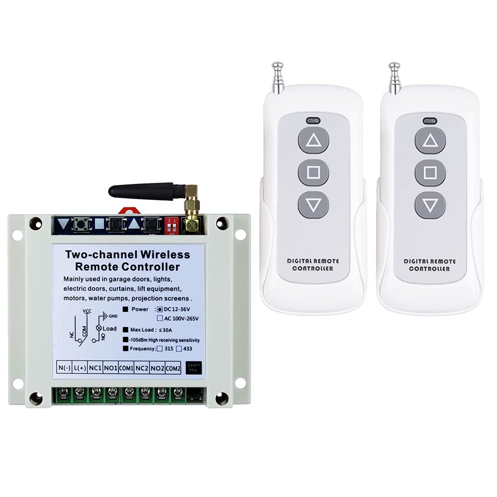  [AUSTRALIA] - fushionsea Wireless Control Switch DC 12V 24V 36V Motor Forward and Reverse Switch, 2 Channel 30A Relay Remote Control Learning Switch Use for Garage Doors, Window, Motor & More