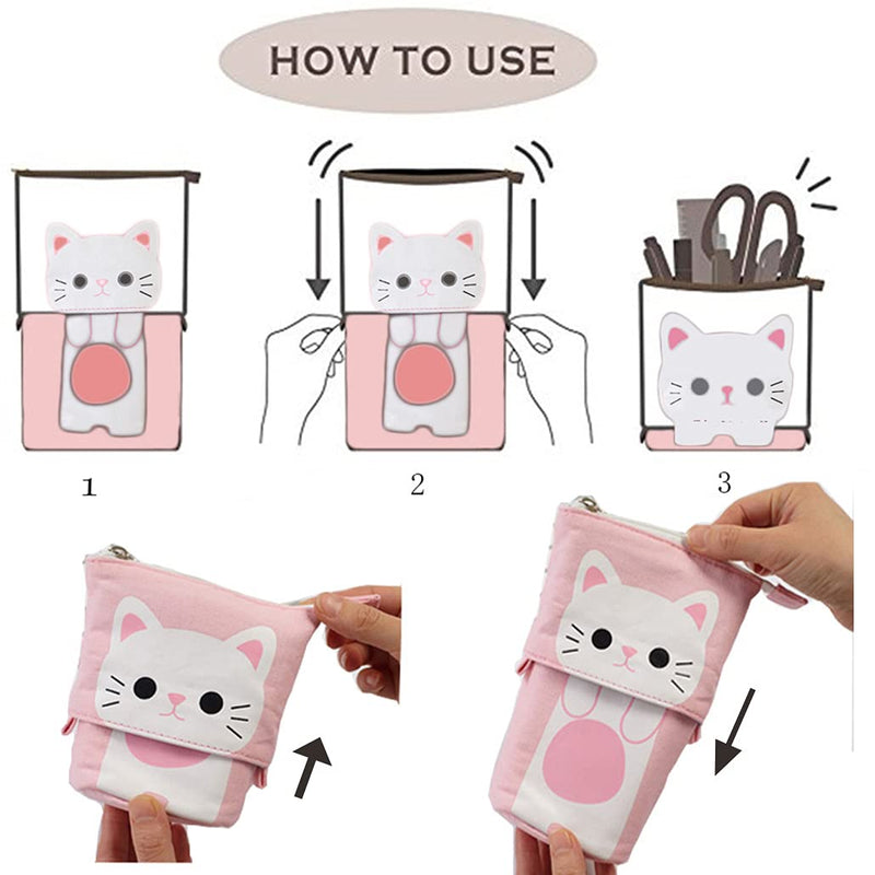 iSuperb Transformer Stand Store Pencil Holder Canvas+PU Cartoon Cute Cat Telescopic Pencil Pouch Bag Stationery Pen Case Box with Zipper Closure 7.5 x 4.9 x 3.0inch/4.1x 3.0inch Pink - LeoForward Australia