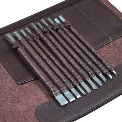  [AUSTRALIA] - 10pcs Wood Chisels Knife Set Stone Wood Carving Tool Kit Made of Tungsten Steel Bonus a Portable Leather Roll Bag CYKD01