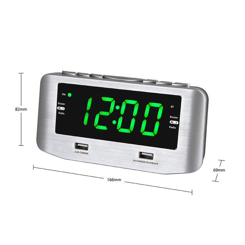 HANNLOMAX HX-146CR Alarm Clock Radio, PLL FM Radio, Dual Alarm, 1.2" Green LED Display, Bluetooth, USB Ports for Charging and MP3 Playback (Silver) - LeoForward Australia