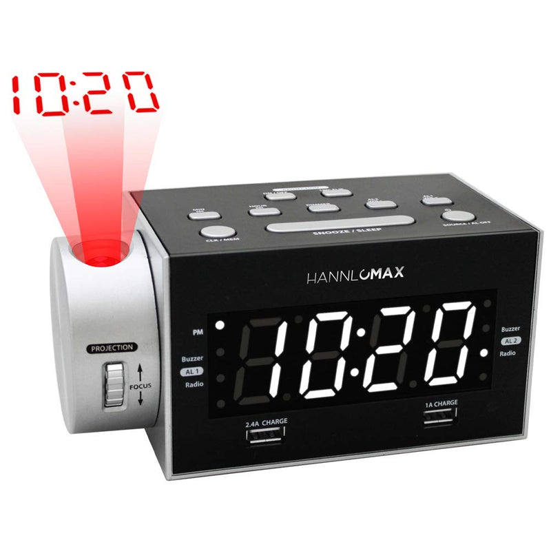 HANNLOMAX HX-135CR Alarm Clock Radio with Projection, PLL FM Radio, Dual Alarm, USB Ports for 2.4A and 1A Charging, White LED Display - LeoForward Australia
