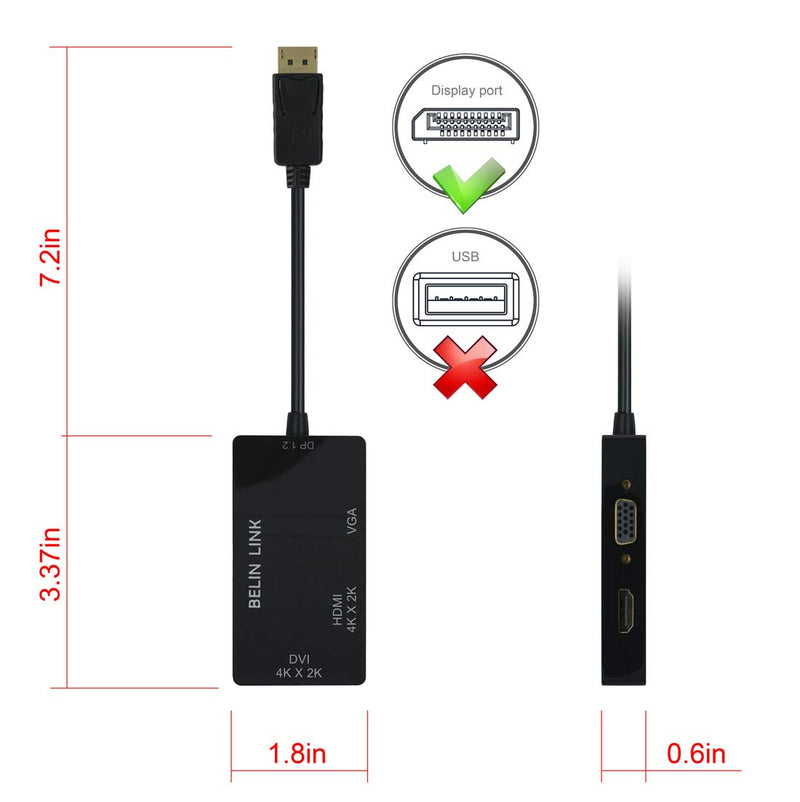  [AUSTRALIA] - DP to HDMI VGA DVI Adapter Displayport to HDMI Two 4K Adapter 3 in 1 Display Port to HDMI VGA DVI Converter Male to Female Gold-Plated (Rectangle) (Black) black
