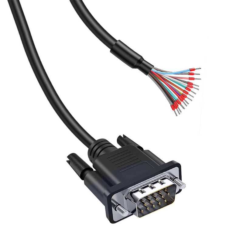  [AUSTRALIA] - Jienk 6.56Ft 24AWG HD15 Male RS232 15Pin Serial Extension Cable, DB15 3Row 15-Pin Gold Plated Connector with Bare Wire End Cable VGA Male
