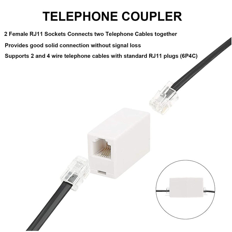  [AUSTRALIA] - Phone Cord 50FT, Landline Telephone Cable with RJ11 Plug, Includes Telephone Inline Coupler RJ11 Splitter and 20pcs Cable Clips(White) White