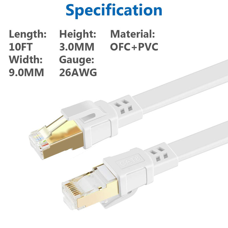  [AUSTRALIA] - Cat 8 Ethernet Cable 10 ft Flat Internet Network RJ45 Cable Shielded High Speed 2000Mhz 40Gbps LAN Patch Cables Cords for Outdoor, Gaming, Xbox, PS4, Router - Compatible for Cat7/Cat6a/Cat5e - White Cat8 10FT