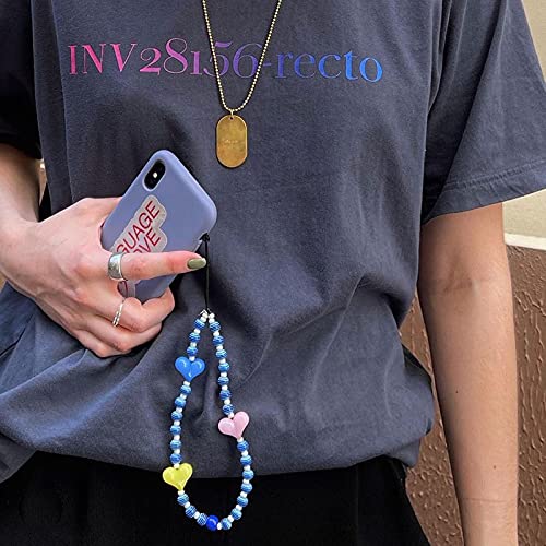  [AUSTRALIA] - Beaded Phone Charm, Fashion Acrylic Phone Lanyard Wrist Strap Heart Clay Beads with Anti Lost Women Phone Chain Keychain Blue Heart
