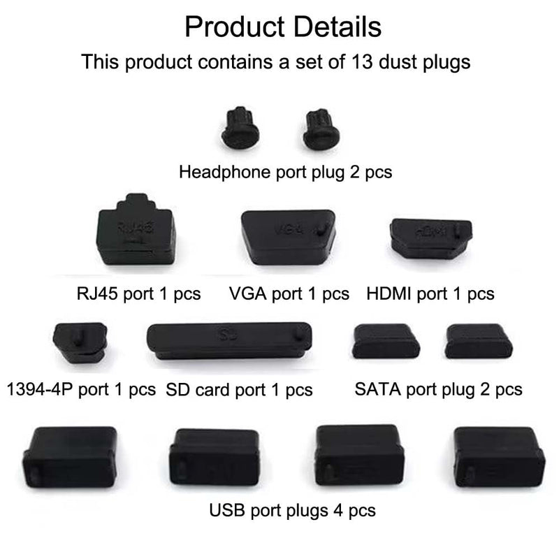  [AUSTRALIA] - 13 Pcs USB Port Cover, Silicone USB Cap Cover Anti-Dust Protector Port for PC Laptop USB Female Plug, VGA, HDMI, RJ45, SD Card, Headphone Ports Dust Stopper,Black(Universal Computer dust Plugs) Universal computer dust plugs