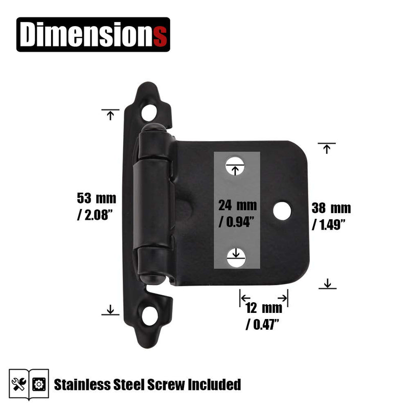  [AUSTRALIA] - JQK 1/2 Inch Overlay Cabinet Door Hinges Black, 2 Pack 1 Pair Flush Face Mount Cupboard Self-Closing Kitchen Cabinet Hinges, CH200-BK-P2